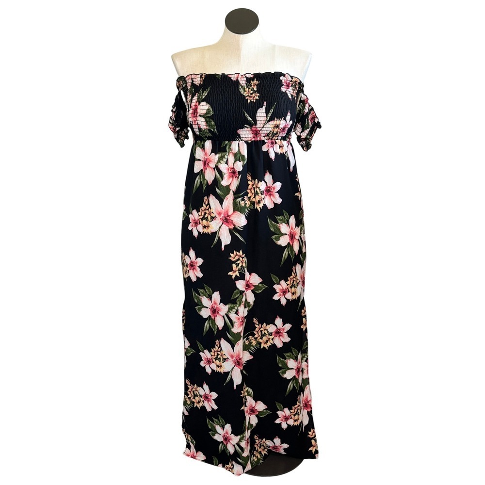 LA Gypsy Black Pink‎ Floral Smocked Off Shoulder Maxi Dress Side Slits Large